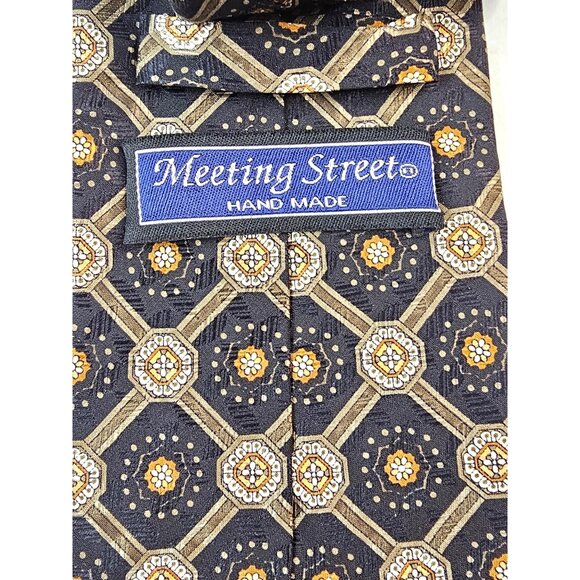 Meeting Street Handmade Silk Tie Brown & Gold Geometric Pattern - Picture 5 of 8